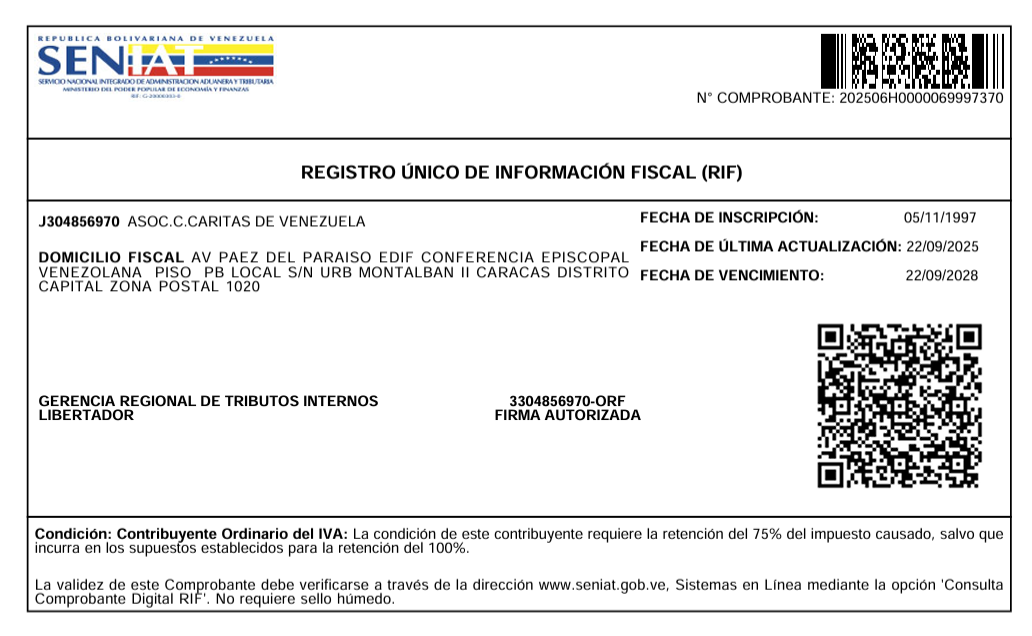 Comprobante RIF de A.C. Cáritas de Venezuela (SENIAT)